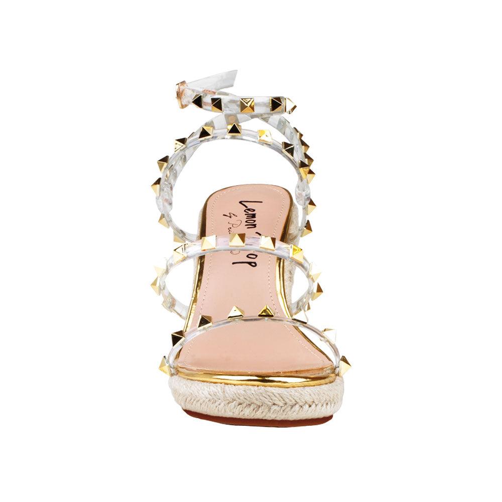 Transparent women shoes with jute platform-front view