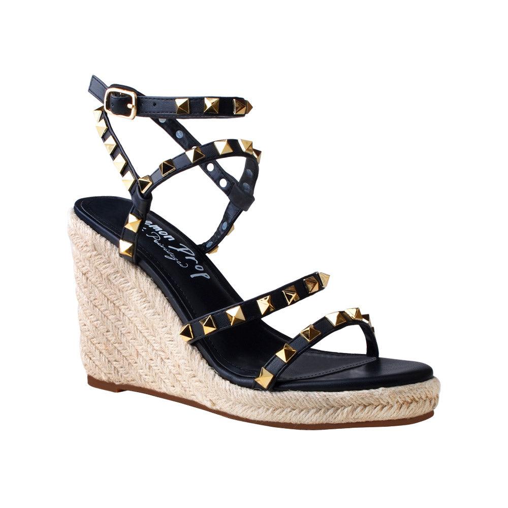 Black women shoes with jute platform-corner view