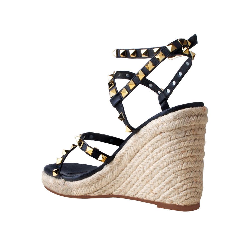 Black women shoes with jute platform-posterior view