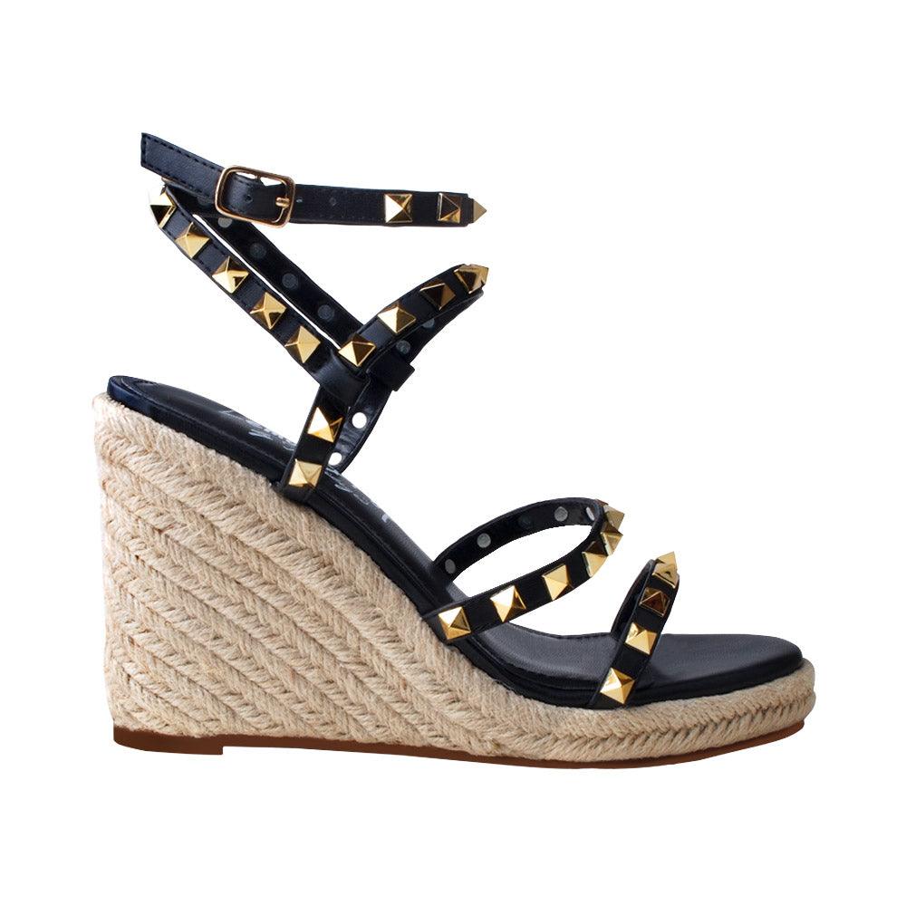 Black women shoes with jute platform-side view