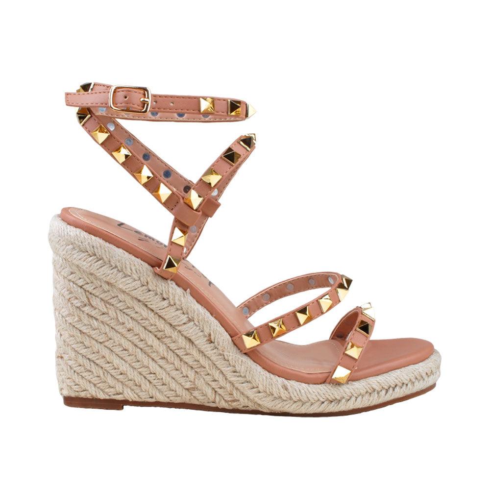 Tan colored women shoes with jute platform-side view