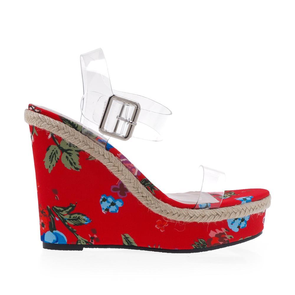 Red floral women wedges heels with clear vinyl upper