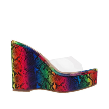 Multi-colored women platform with brown base and clear vinyl upper