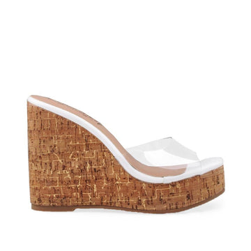 White colored women platform with brown base and clear vinyl upper