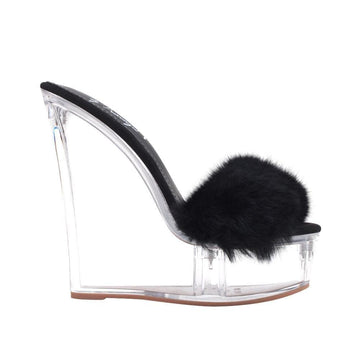 Black women heels with faux fur upper and transparent platform
