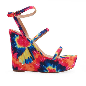 Red floral colored women platforms with ankle buckle closure