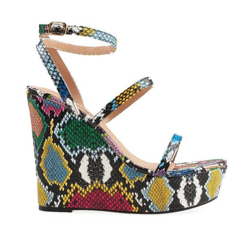 Multi colored snake skin colored women platforms with ankle buckle closure