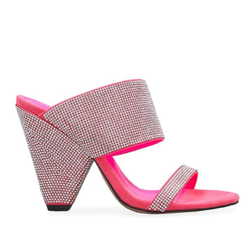 Neon pink colored women wedges with rhinestone buckle closure and strap