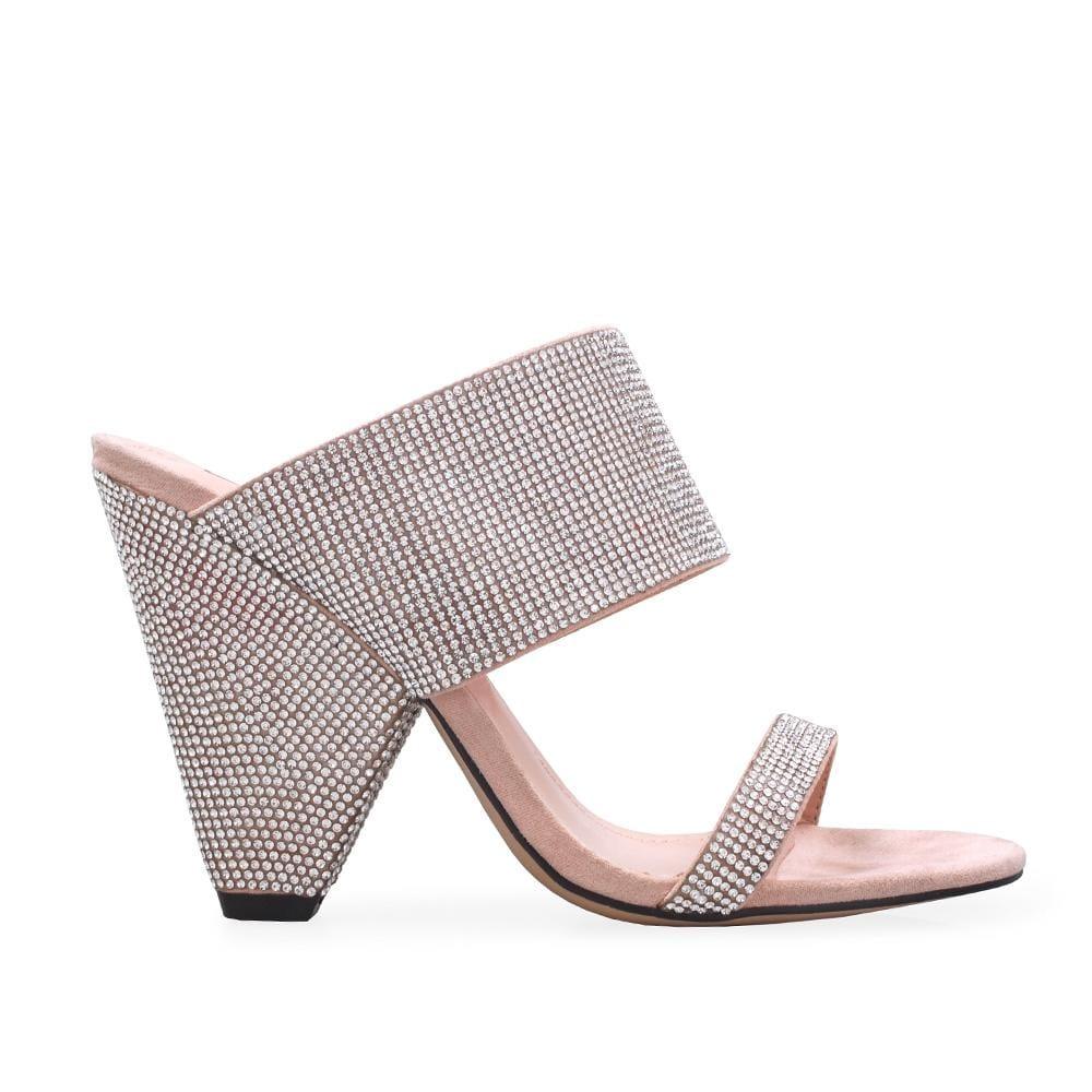 Nude colored women wedges with rhinestone buckle closure and strap