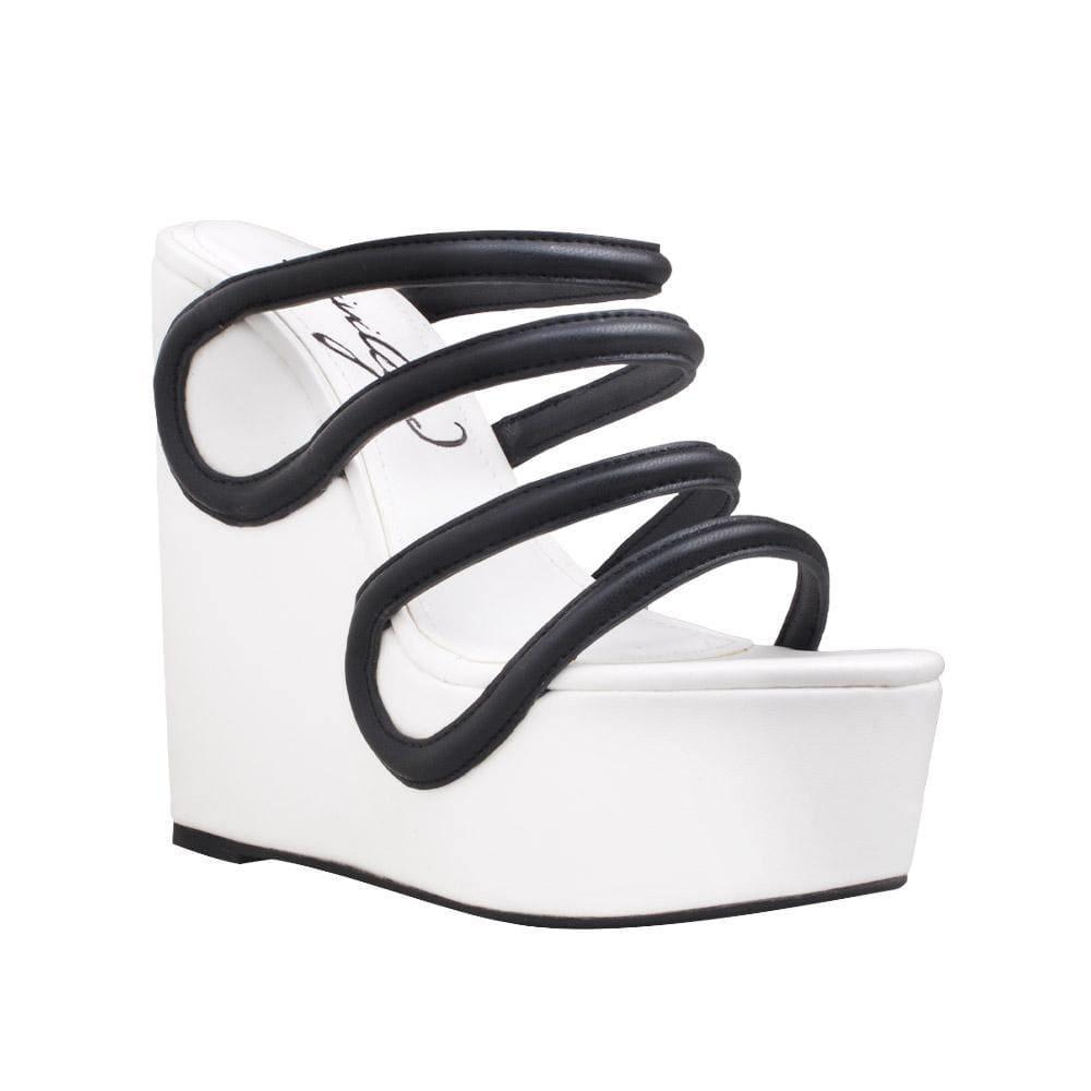 White colored women wedges with black strappy upper-corner view