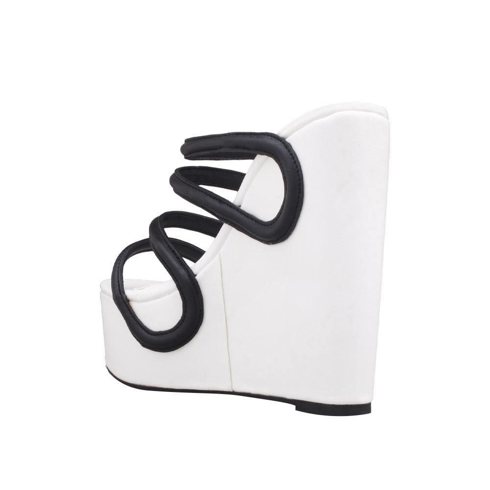 White colored women wedges with black strappy upper-posterior view