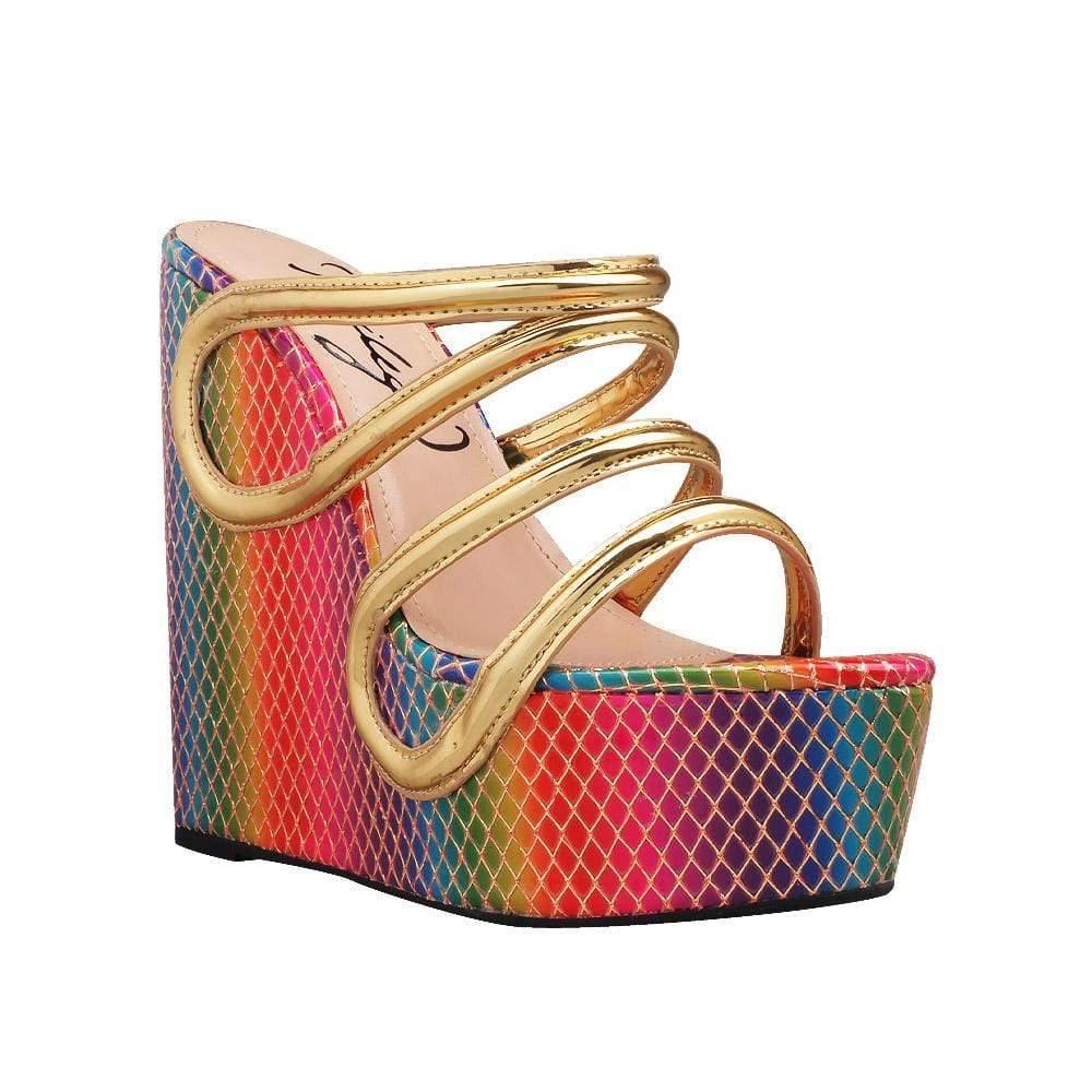 Multi colored women wedges with golden strappy upper-corner view