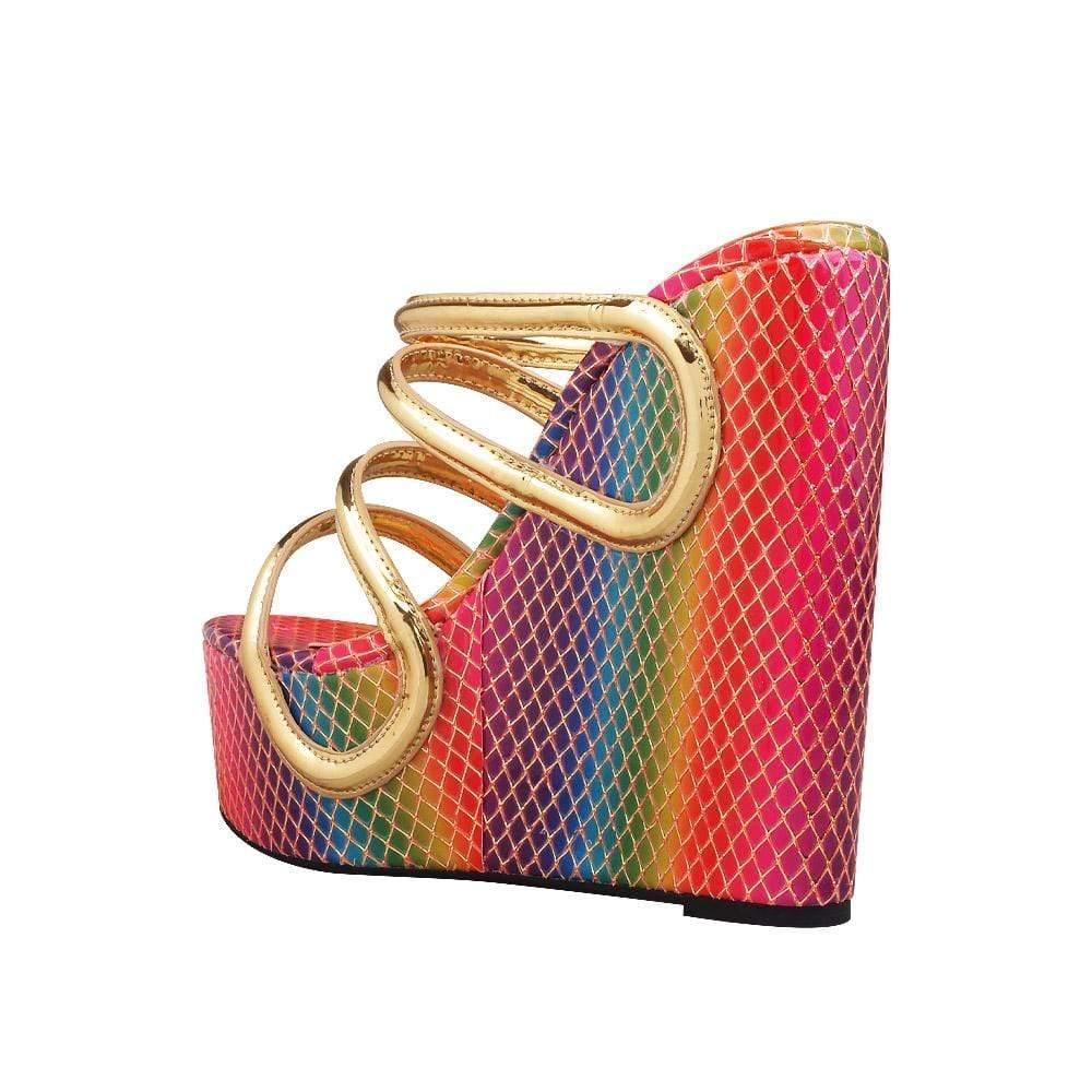 Multi colored women wedges with golden strappy upper-posterior view