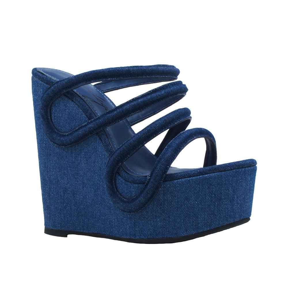 Blue colored women wedges with blue strappy upper-corner view