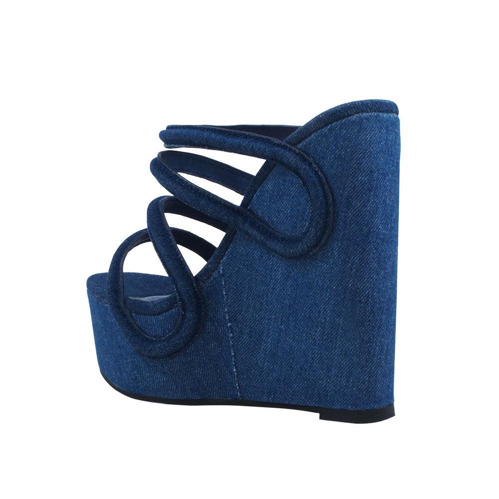 Blue colored women wedges with blue strappy upper-posterior view