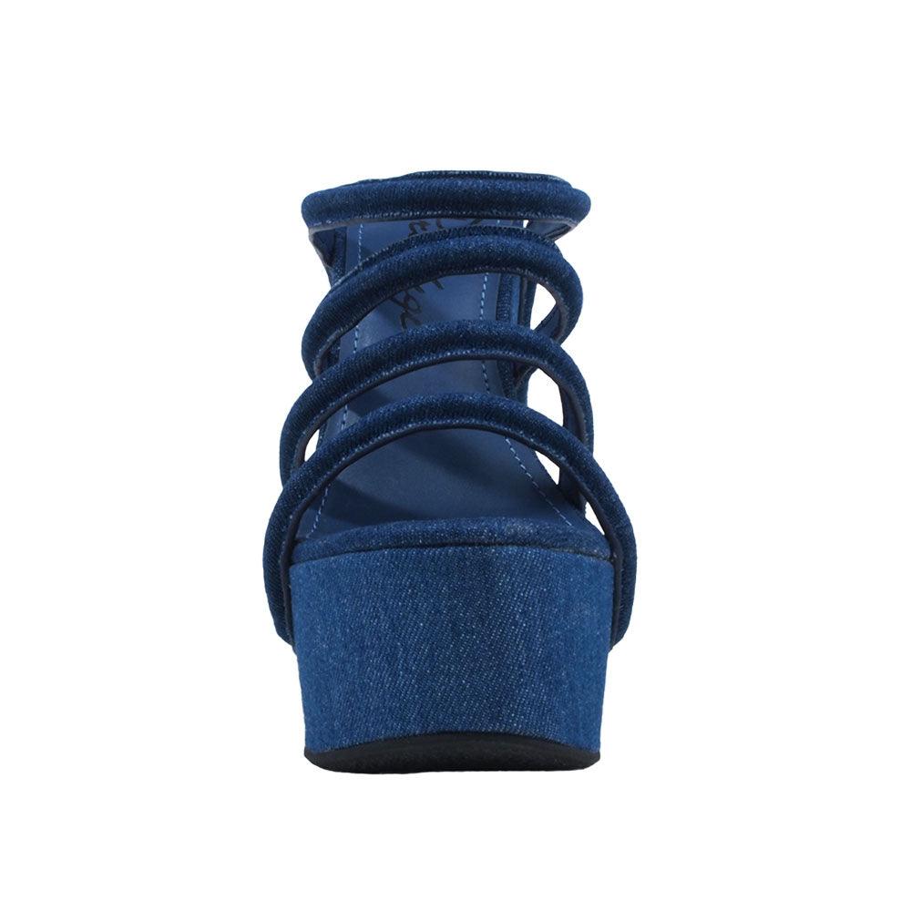 Blue colored women wedges with blue strappy upper-front view