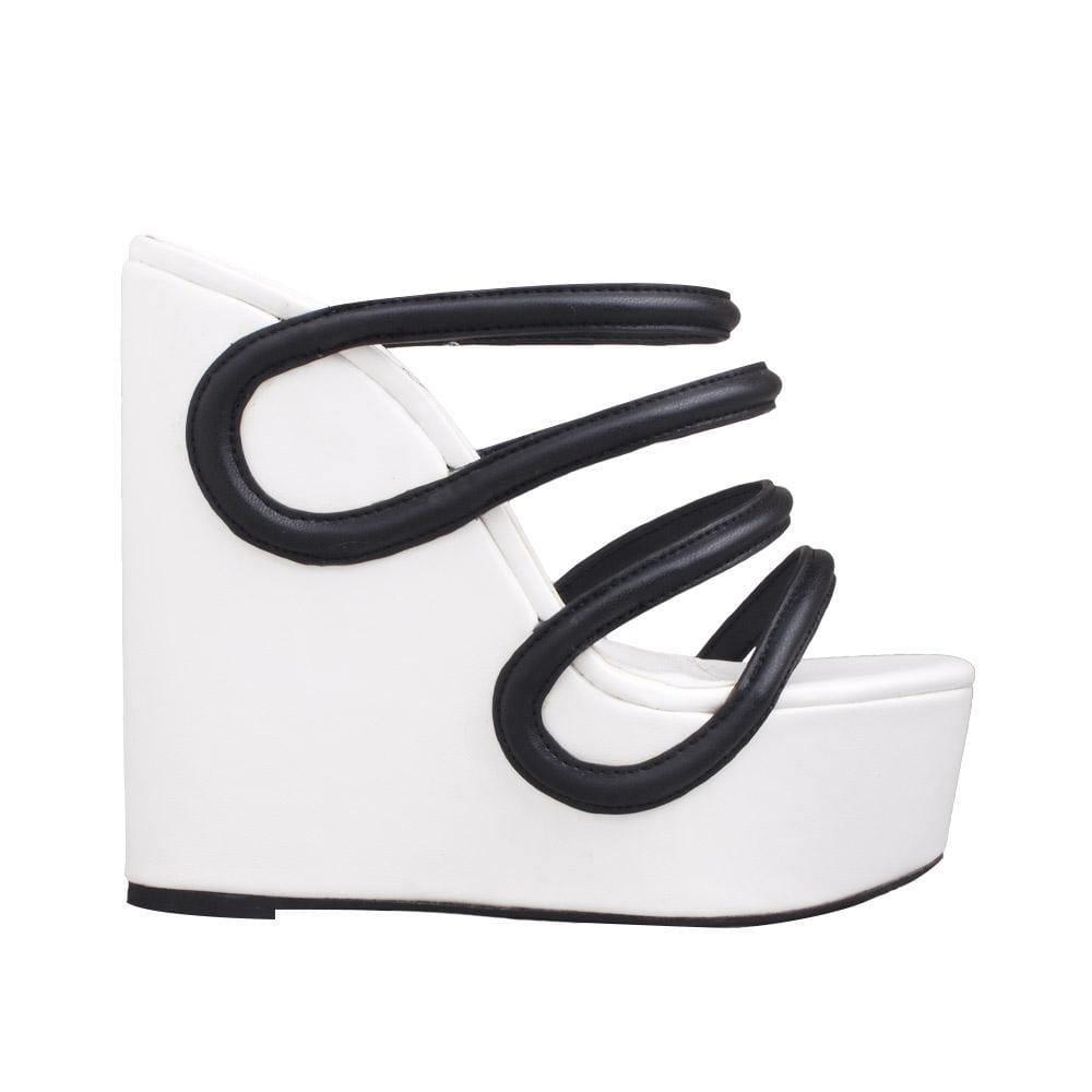 White colored women wedges with black strappy upper-side view