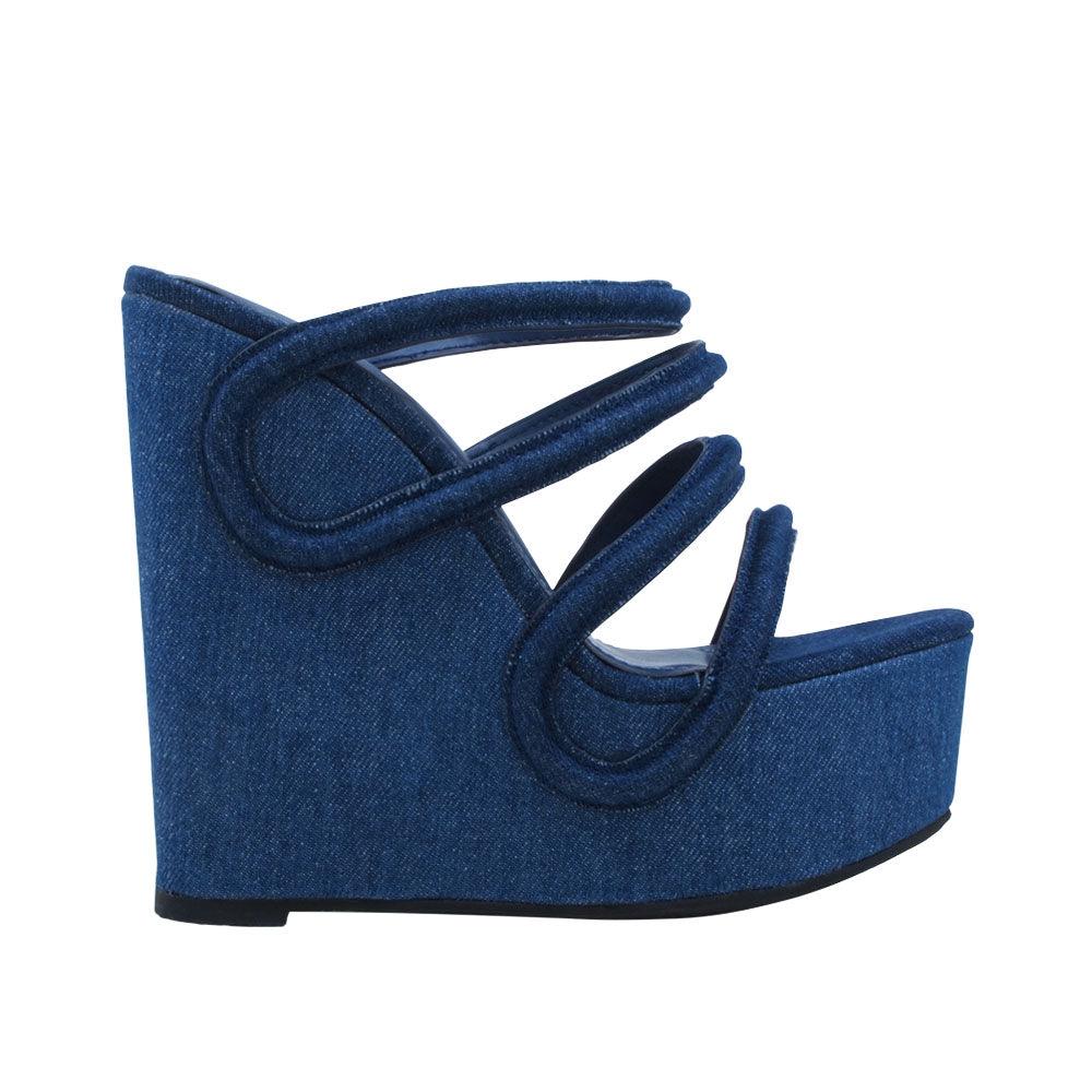 Blue colored women wedges with blue strappy upper-side view