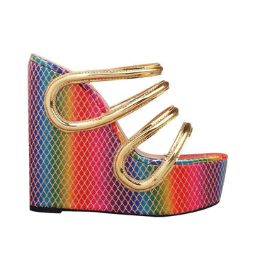 Multi colored women wedges with golden strappy upper-side view