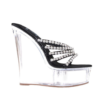 Transparent wedge leather shoes with jewel embellishment upper in black color