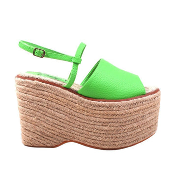 Tan wedge with green upper and ankle buckle clasp