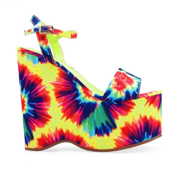 Multi colored wedge shoes with slip on design and ankle buckle clasp