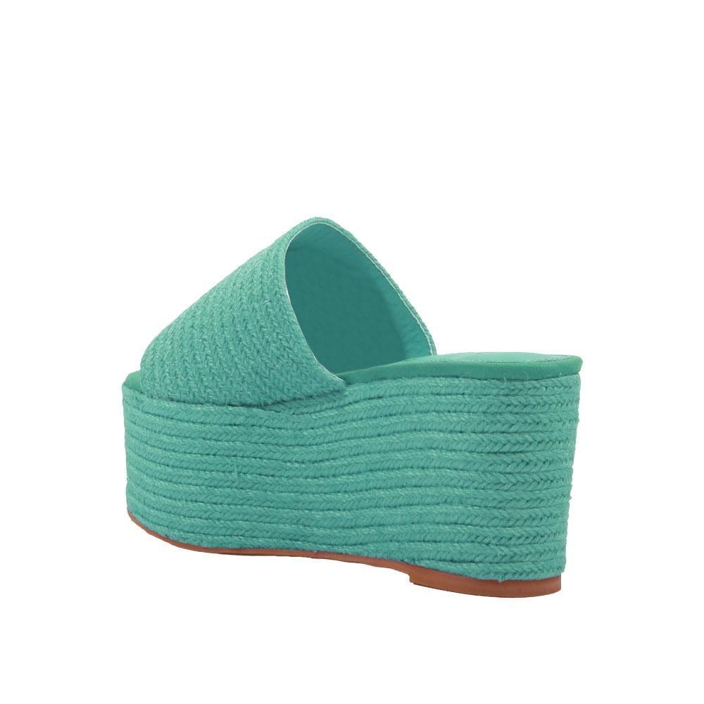 Jute women's wedges sandals with espadrille top and midsole in turquoise-posterior view