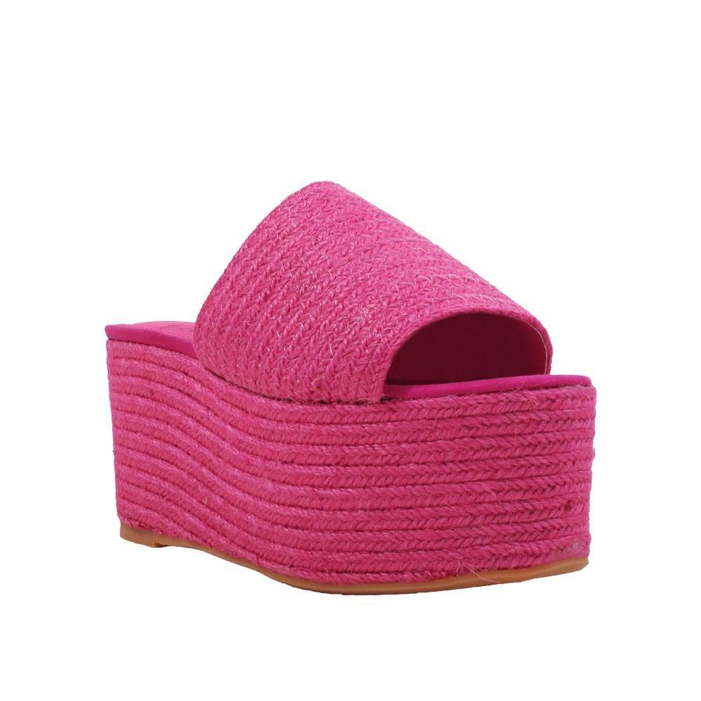 Jute women's wedges sandals with espadrille top and midsole in fuchsia-corner view