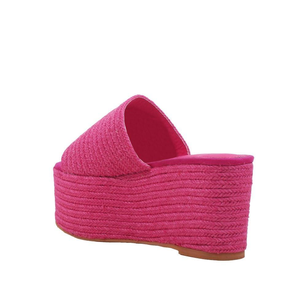 Jute women's wedges sandals with espadrille top and midsole in fuchsia-posterior view