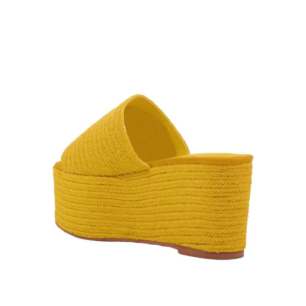 Jute women's wedges sandals with espadrille top and midsole in yellow-posterior view