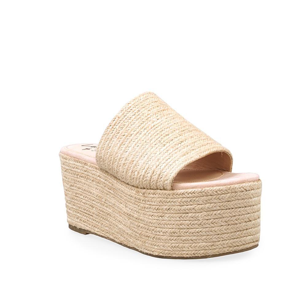 Natural coloured jute women's wedges sandals with espadrille top and midsole-corner view