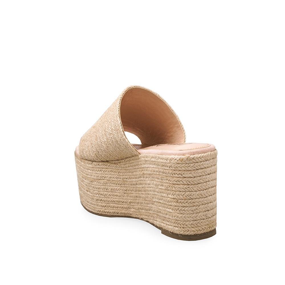 Natural coloured jute women's wedges sandals with espadrille top and midsole-posterior view