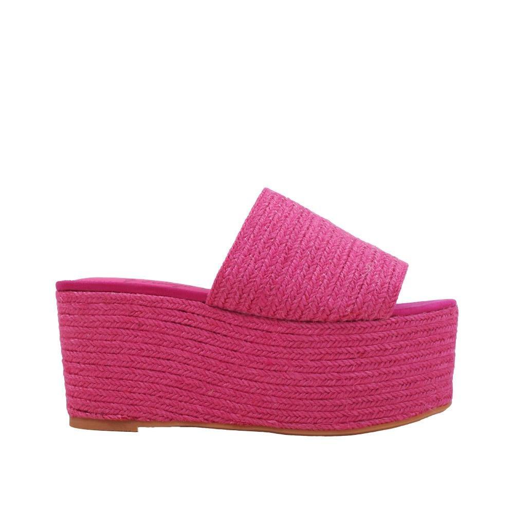 Jute women's wedges sandals with espadrille top and midsole in fuchsia-side view