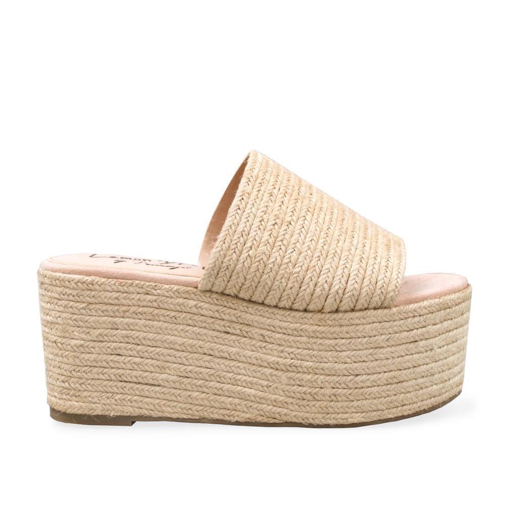 Natural coloured jute women's wedges sandals with espadrille top and midsole-side view