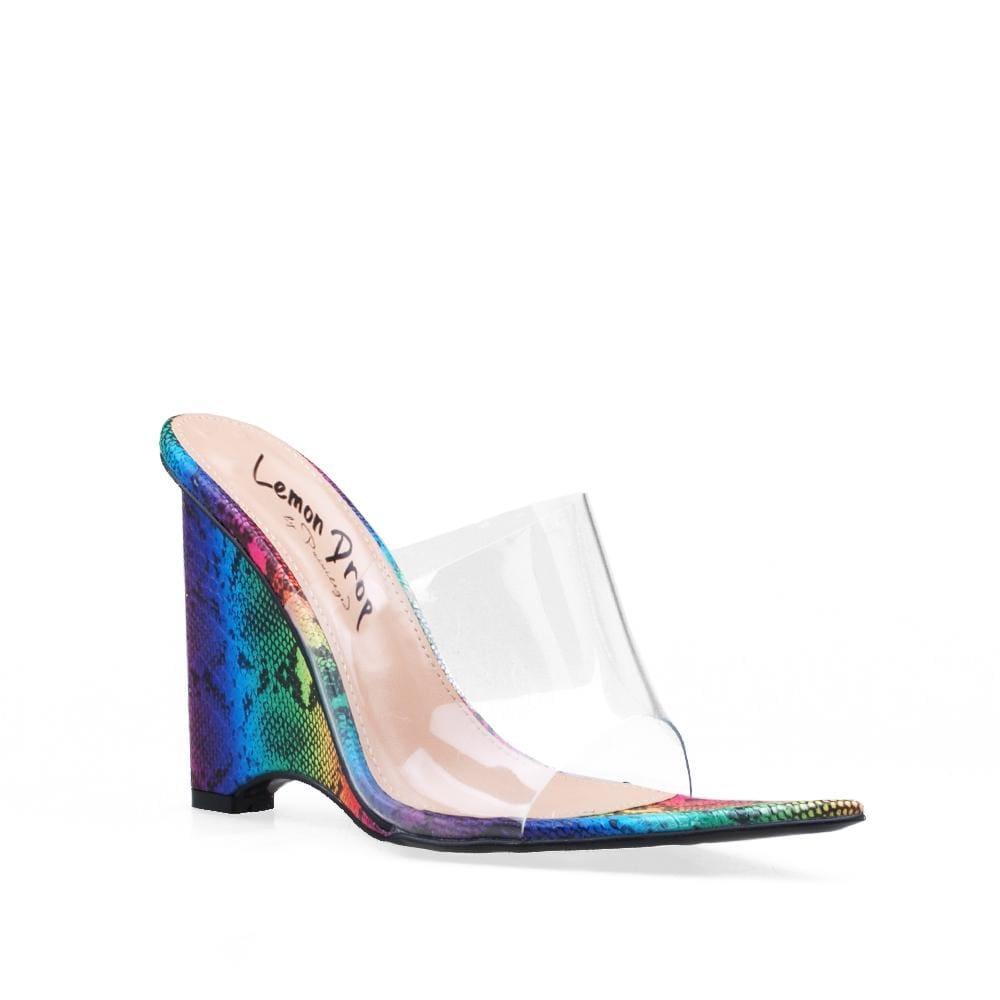 Faux rainbow snakeskin clear vinyl upper women's heel-corner view