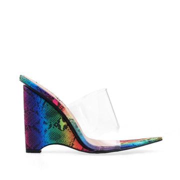 Faux rainbow snakeskin clear vinyl upper women's heel-side view