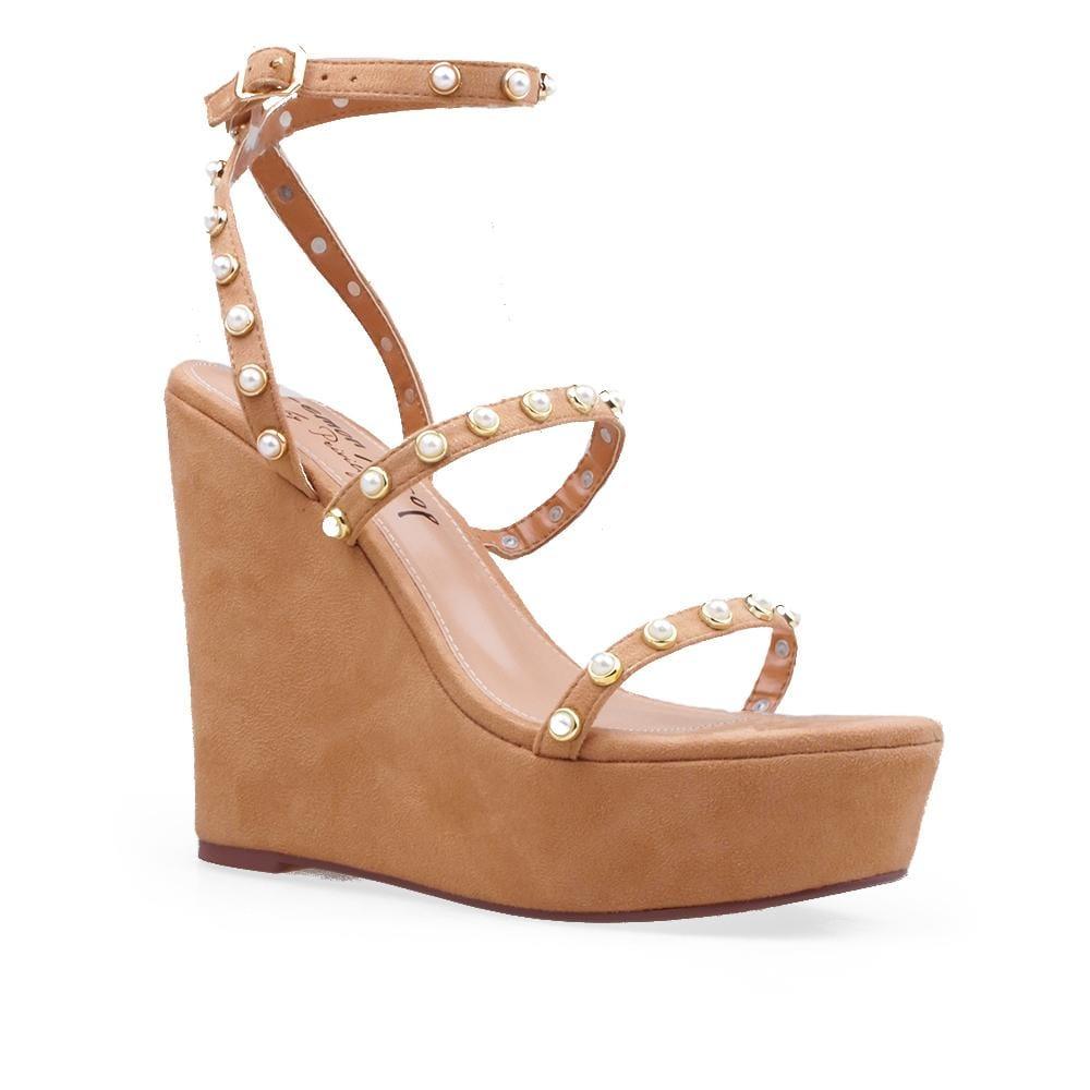 Ankle buckle topped vegan suede platform women heel in taupe -corner view