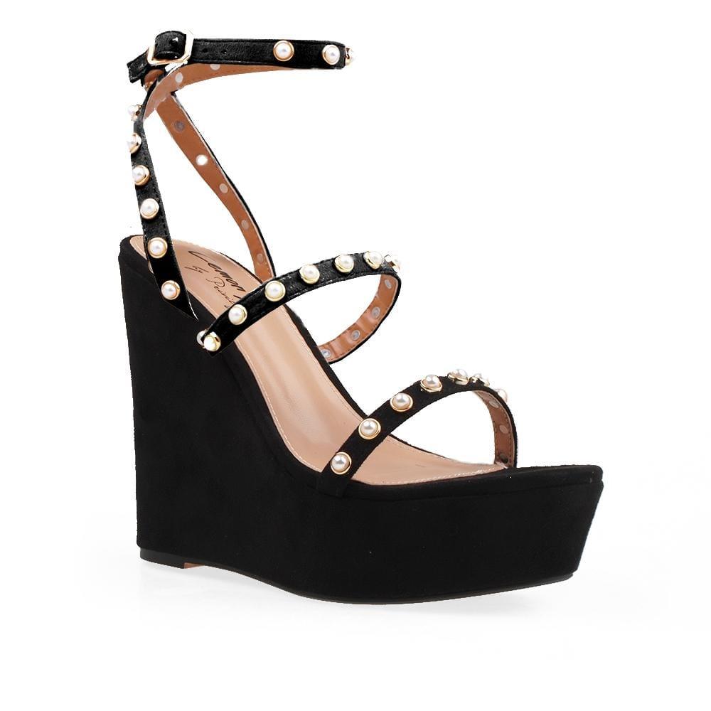 Ankle buckle topped vegan suede platform women heel in black with beads-corner view