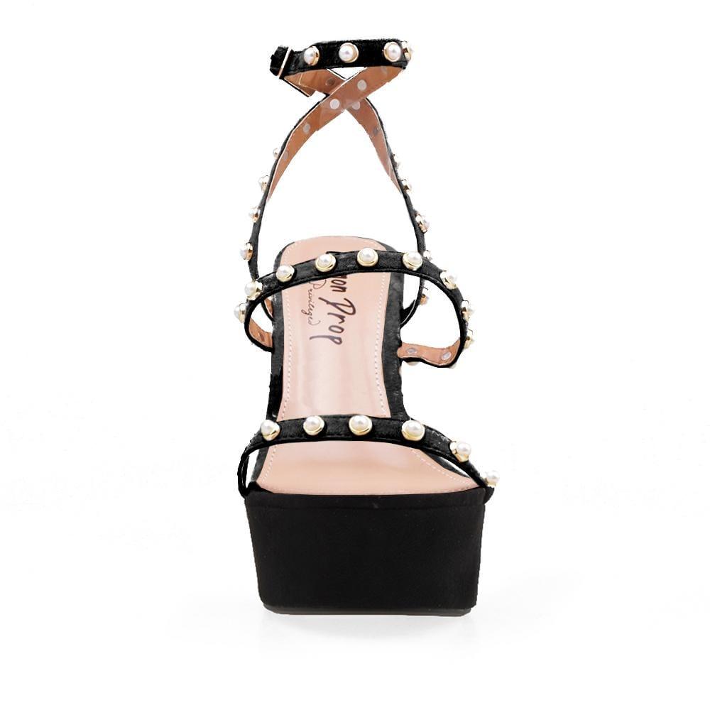 Ankle buckle topped vegan suede platform women heel in black with beads-front view