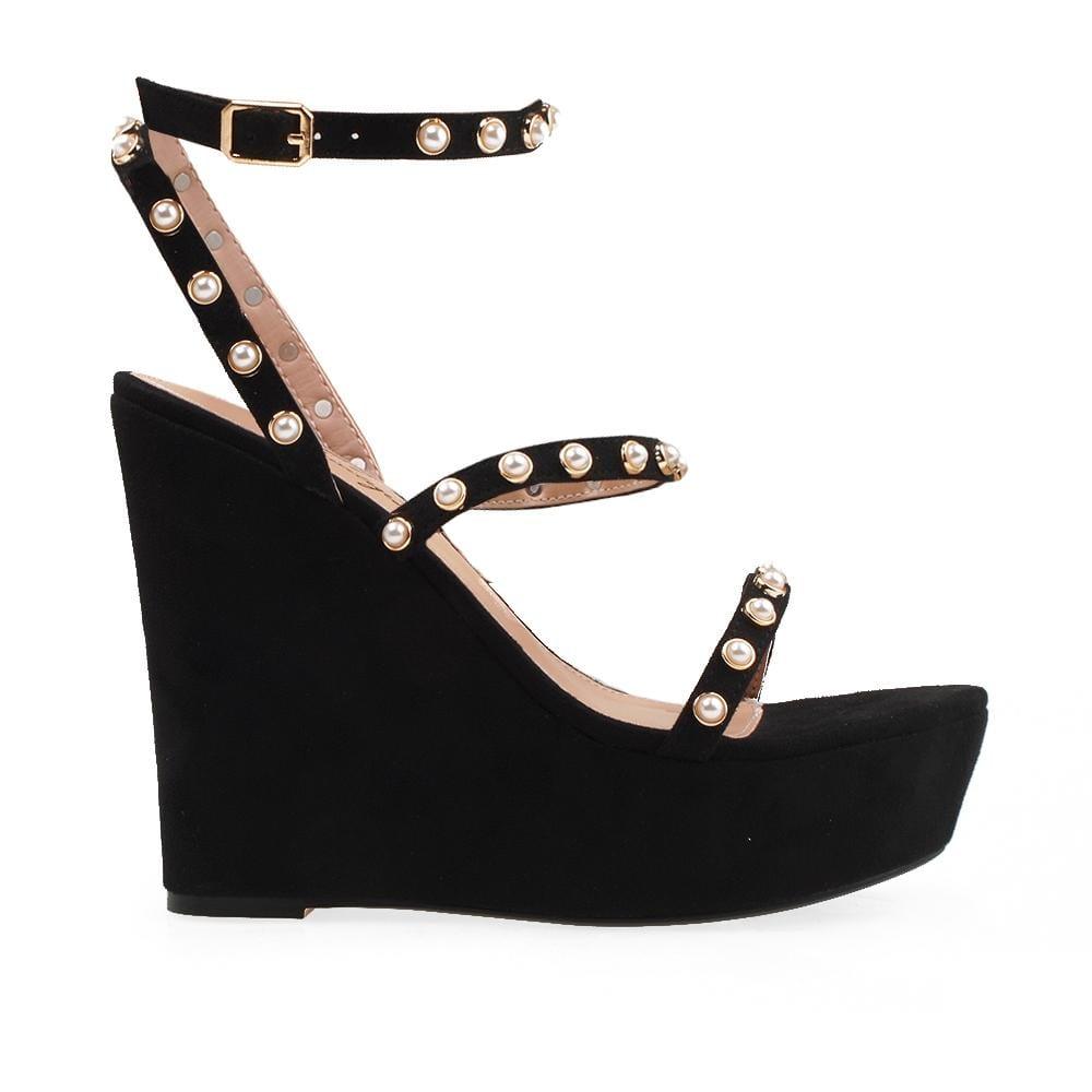 Ankle buckle topped vegan suede platform women heel in black with beads-side view