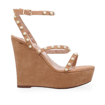 Ankle buckle topped vegan suede platform women heel in taupe -side view